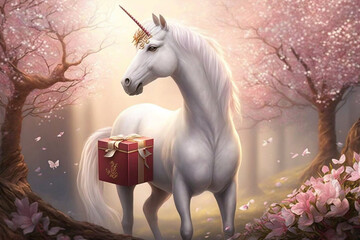 White Day | magical white unicorn stands in a clearing surrounded by blooming cherry blossom trees. with a sparkling red gift box adorned with delicate ribbons. Ai - obrazy, fototapety, plakaty