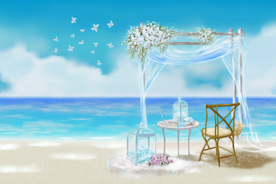 A dreamy beach setting with gifts on White Day: Escape to a dreamy beach setting and celebrate White Day with your loved one as you exchange thoughtful gifts in soft sand, and a serene blue sky.  Ai