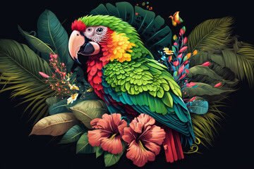 Fototapeta premium Tropical rainforest with parrot with leaves and flowers. Generative AI illustration