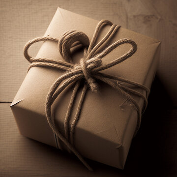 Parcel wrapped with brown paper and tied with string. Generative Ai