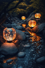 Obraz premium Japanese lanterns floating on the river, a sacred mystical spiritual concept. Generative Ai