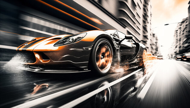 Sports car with motion blur on the road. Generative Ai. © Darren Green