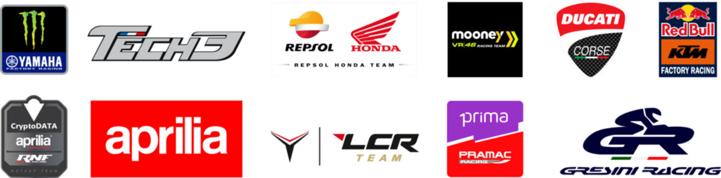 MotoGP season 2023. CryptoData Aprilia RNF MotoGP Team, Mooney VR46 Racing Team, Tech3 GasGas Factory Racing, Aprilia, Monster Energy Yamaha, Red Bull, LCR Honda, Repsol Honda Team, Ducati Lenovo Team