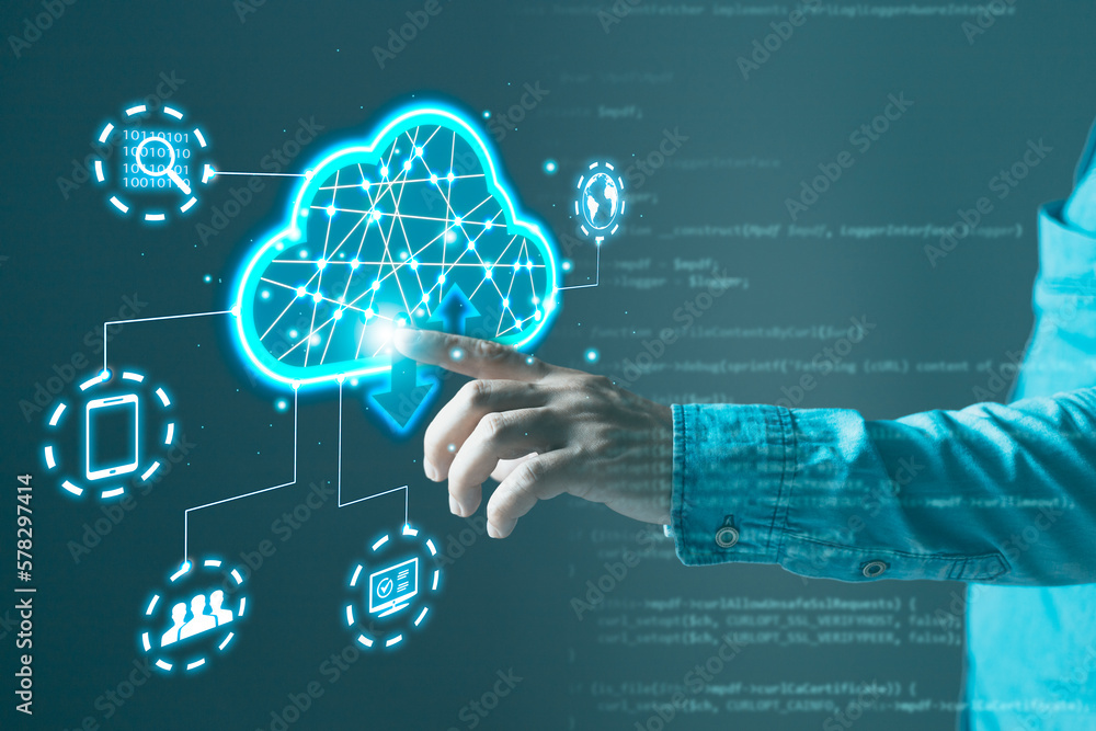 Aufkleber man touch cloud computing diagram show on hand.data storage.the use of online digital network techno
