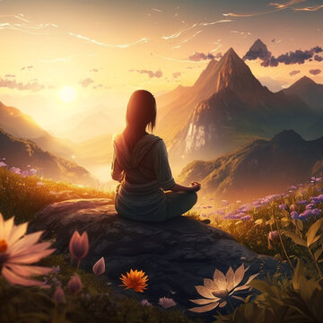Generative ai of a Woman sitting on a mountain top meditating in Lotus pose. 