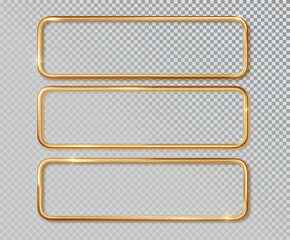 Gold frame horizontal set realistic. Vector Metal gold border with place for inscriptions isolated on transparent background. Realistic 3D design