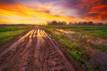 Fototapeta na wymiar Muddy road going through farmland during colorful sunrise