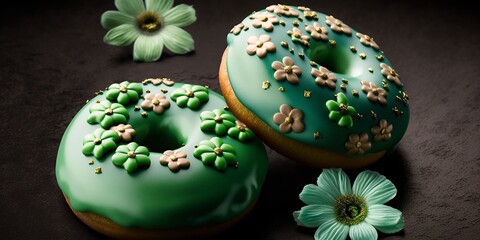 Fototapeta na wymiar Leckerer grüner Donut traditionell am St. Patrick´s Day in Irland, ai generativ