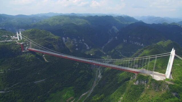 Aerial view of Aizhai suspension bridge on canyon,Hubei,China.