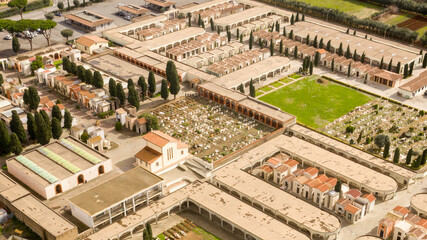 Aerial view of the municipal cemetery of Ladispoli, in the Metropolitan City of Rome, Italy.