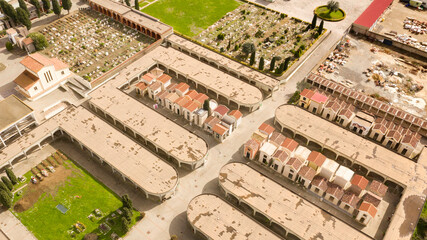 Aerial view of the municipal cemetery of Ladispoli, in the Metropolitan City of Rome, Italy.