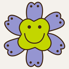 Smiling flower, abstract personage, mascot design, funny face, cute icon.