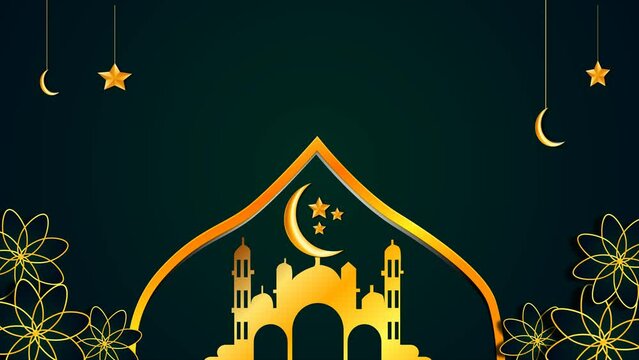 Animated Gold stars and glowing month on a dark blue background. Animated Islamic backgrounds. Animated Eid. Ramadan Animations