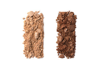 Bronzer, eye shadow smear isolated on white background. Bronze and beige glittering eye shadow color swatch.