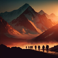 Naklejka premium Hikers hiking on a high mountain at sunset. Generative AI.