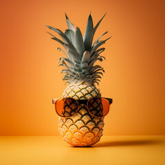 Pineapple with sunglasses on an orange background. Generative AI.