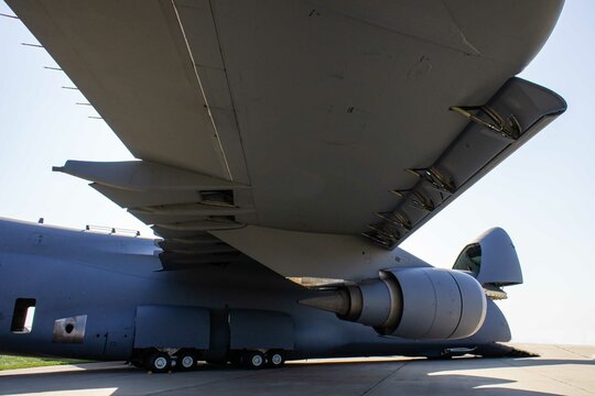 MAKS-2011 on territory of airfield LII im. Gromov. American heavy military transport aircraft Lockheed C-5 Galaxy, in parking lot. Third in terms of carrying capacity.Zhukovsky, Russia August 17, 2011