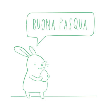 Niedlicher Hase hält Ei in den Händen und sagt "Frohe Ostern" auf italienisch. Minimalistische Strichzeichnung, editierbare Pfade