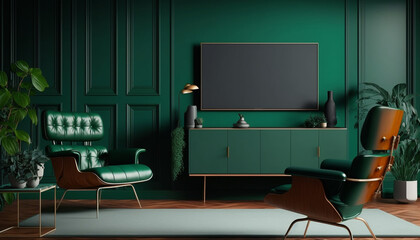 Modern interior of a living room with Tv and armchair in green