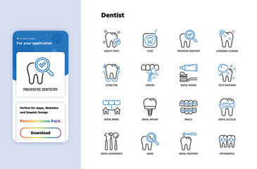 Dentist thin line icons set: dental instruments, caries under magnifier, orthodontics, tooth extraction, veneers, tooth whitening, implant, braces, calculus, ultrasonic cleaning. Vector illustration.