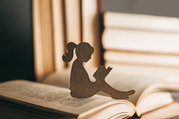 The girl sits among the books and reads a fairy tale. Intellectual development of the child