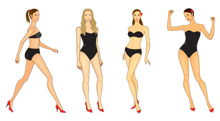 Vector set of fashion women in multiple poses, in swimsuit, isolated, on white background