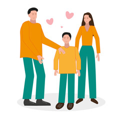 Family: mom, dad and son in the same clothes on a white background. Flat vector illustration