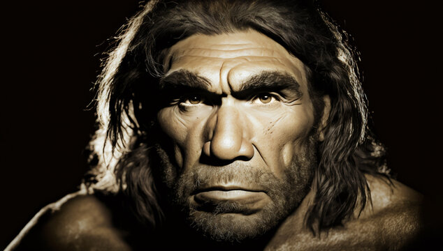 Neanderthal Cave Man, close up portrait. Illustrative Generative AI. 