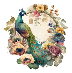 Vintage peacocks with peonies isolated on white background. Watercolor digital illustration Generative AI - obrazy, fototapety, plakaty
