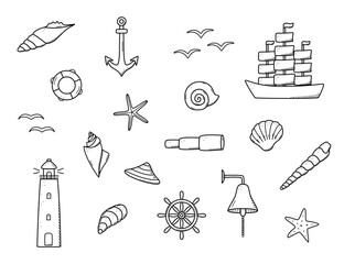 Sea set of elements, doodle icons of sea life. Ship telescope shells, lifebuoy anchor steering wheel bull, lighthouse and seagulls. Vector illustration, symbols of sailors or pirates.