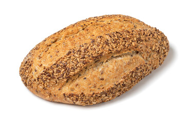  Fresh whole loaf country bread covered with seeds close up isolated on white background