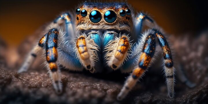 Putzige kleine behaarte Springspinne mit gro&szlig;en Augen ganz nah, ai generativ