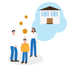 A family in the background of a house with falling coins. The concept of a family mortgage, buying a house. Flat vector illustration