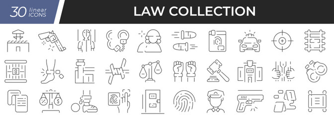 Law linear icons set. Collection of 30 icons in black