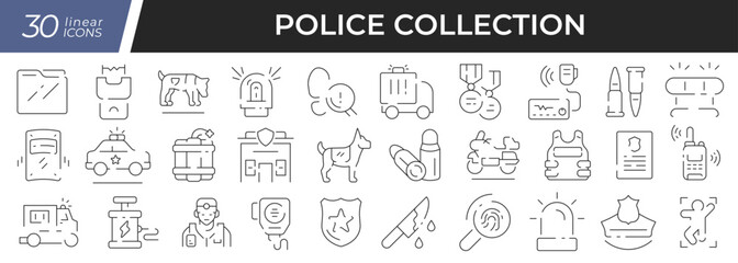 Police linear icons set. Collection of 30 icons in black