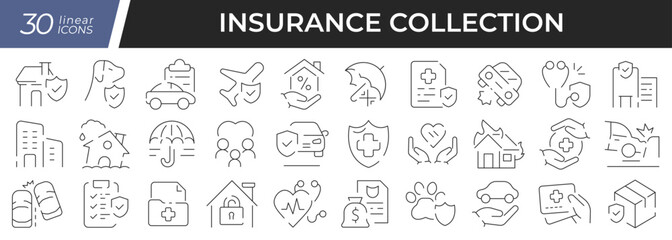 Fototapeta na wymiar Insurance linear icons set. Collection of 30 icons in black