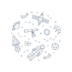 Cosmos doodle is a set of vector illustrations in the circle. Icons of space elements rocket cosmonaut stars satellite telescope comet.