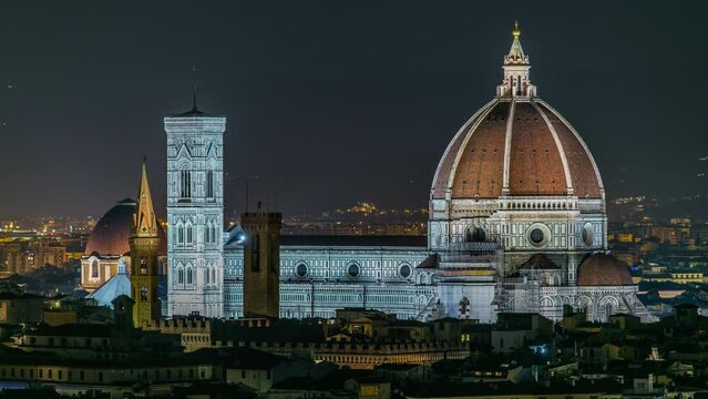 Basilica di Santa Maria del Fiore in Florence at night timelapse - viewed from Piazzale Michelangelo. Evening illumination. Aerial top view from above