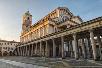 Italian city at sunrise. Historic center of Novara, piazza della Repubblica (square della...