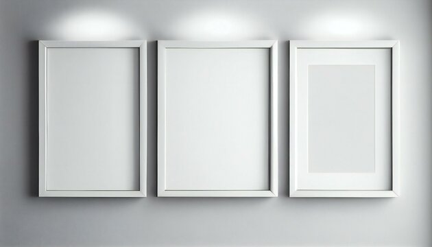 Three vertical templates for artwork, painting, photo or poster. Blank picture frame mockup on white wall. Modern living room design. Ai generative illustration. 