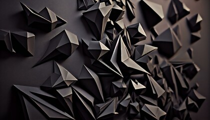 3d render, abstract black crystal background, faceted texture. Horizontal panoramic polygonal wallpaper. Ai generative illustration. 
