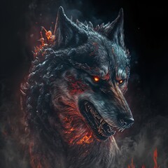 portrait of a wolf with red glowing eyes, generative ai