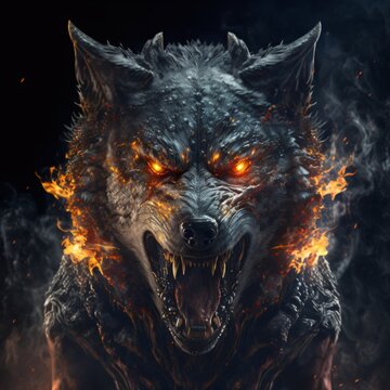 portrait of a wolf with red glowing eyes, generative ai