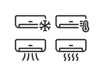 Air conditioner icon set on light background. Icons for business, ui. Home climate control symbol. Air cooler, humidity, cold, hot, flow. Outline style. Flat design.