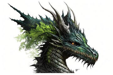 fantastic black green forest dragon with spikes on head isolated on white background, created with generative ai