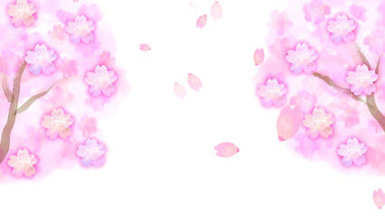 Fototapeta na wymiar 水彩和風の桜の木と散る花びらのフレーム
