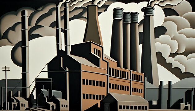 A cartoon-style image depicts dark smoke rising from a factory as it generates CO2 gases. The industrial buildings stand tall, emitting harmful gases into the air. Generative AI