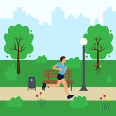 Young man jogging in the park with his dog on a leash. Caring for a pet. Vector illustration