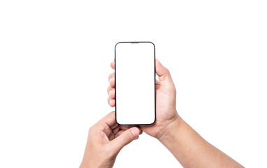 Isolate of Hand holding  blank screen of smartphone on white background with clipping path for mockup advertisement and social icon.