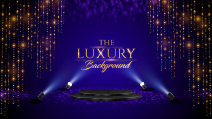 Golden Purple Stage Award Background. Shimmer Lights for Wedding, Marriage, Engagement Ceremony with Trophy. Black Podium Empty Stage Background. Luxury Graphics. Traditional Indian Background.